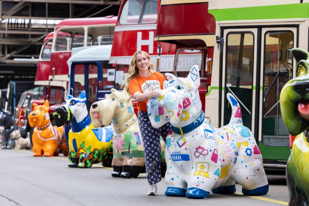 Scottie sculptures lined up at the Farewell Event ready for auction.